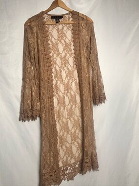 Polly & Esther Sheer Lace Duster Robe - Taupe